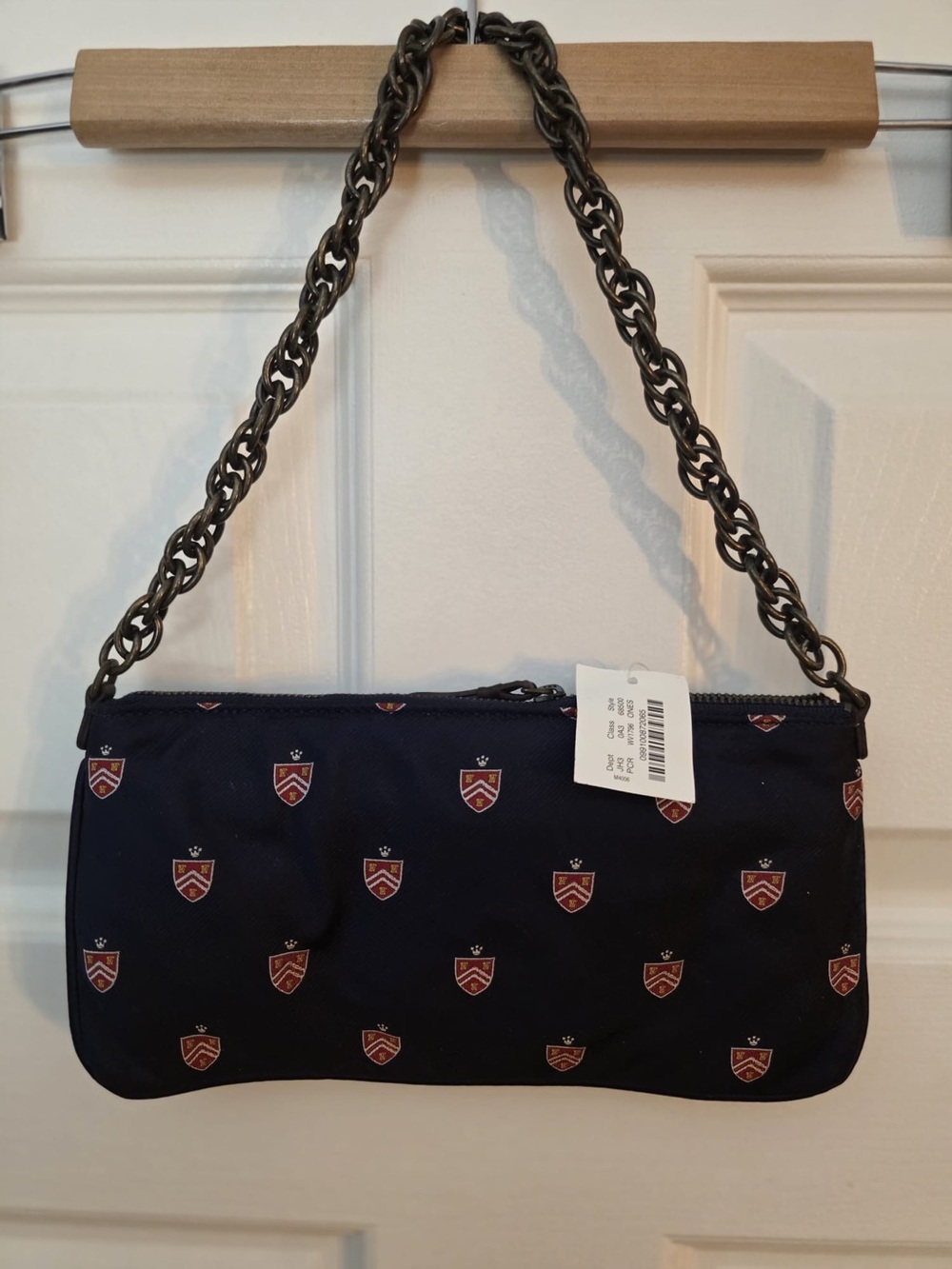 Women’s J Crew Silk Navy Crest Print Chain-Handle Shoulder Bag. NWT.